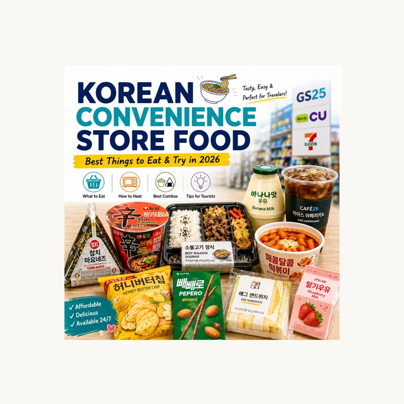 Korean convenience store food including ramen, samgak gimbap, snacks and drinks